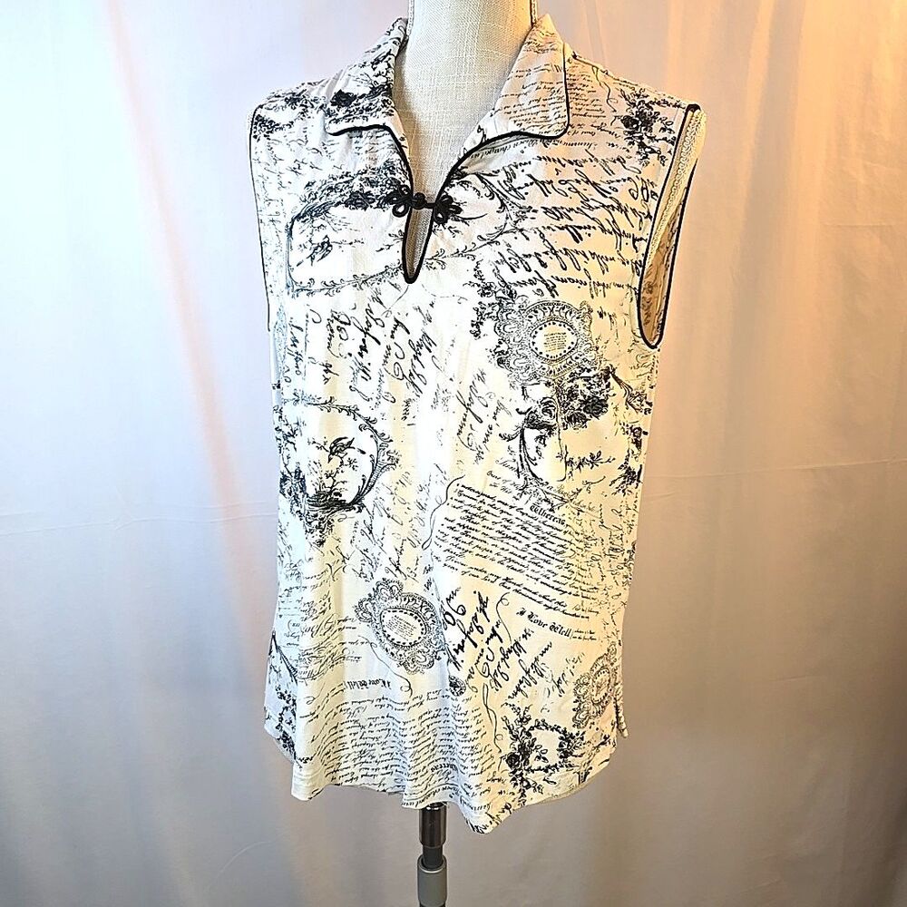 American Goddess Sleeveless Top Size XL Script Graphic Chinese Frog Button USA
